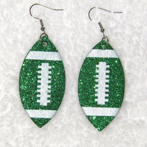 Green Glitter Football Silver Earrings